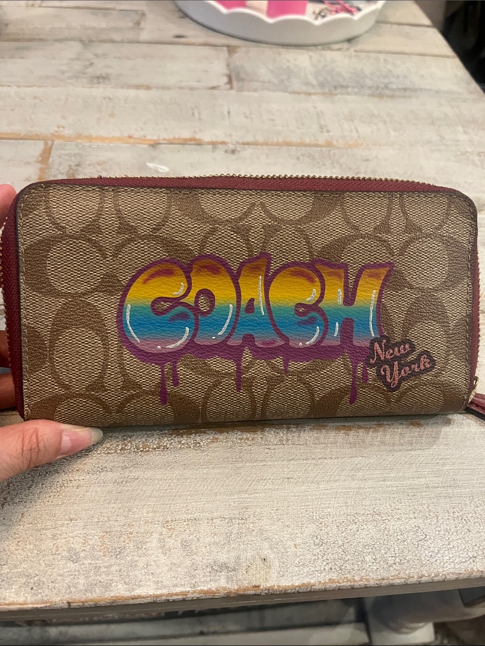 Coach Brown Signature Canvas Zip Wallet with Multicolor Graffiti Logo